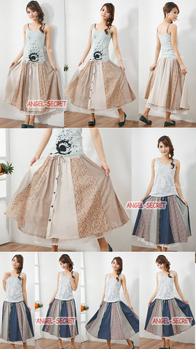 L116 BLUE BEIGE FLORAL PRINT CREPE TIERED LAYERS FRONT BUTTON LONG SKIRT LACE | by angel-secret