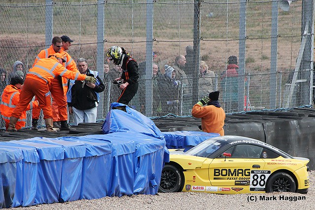 A crash in the Ginetta Racing at the 2012 BTCC weekend at Donington Park in April 2012