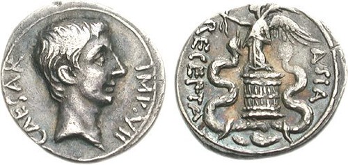 Octavian. 29-28 BC. AR Quinarius (1.75 g, 11h). Italian (Rome?) mint. CAESAR IMP • VII, bare head right / ASIA on right, RECEPTA on left, Victory, draped, standing left, holding wreath in right hand and palm frond in left over left shoulder on cista mysti