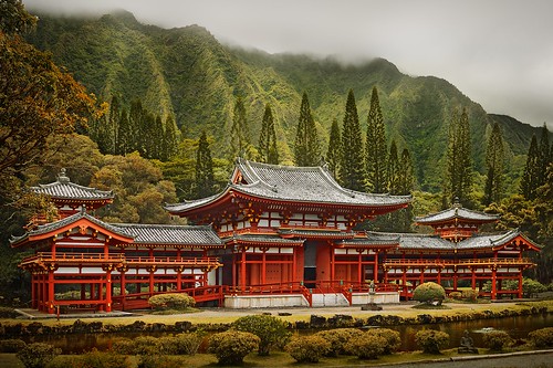 trees red green architecture clouds landscape temple japanese hawaii oahu buddhist byodoin koolaumountainrange