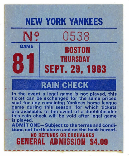 Ticket (stub) to see the New York Yankees v. Boston Red Sox at Yankee Stadium, September 29, 1983 - Carl Yastrzemski's 4th-to-last game