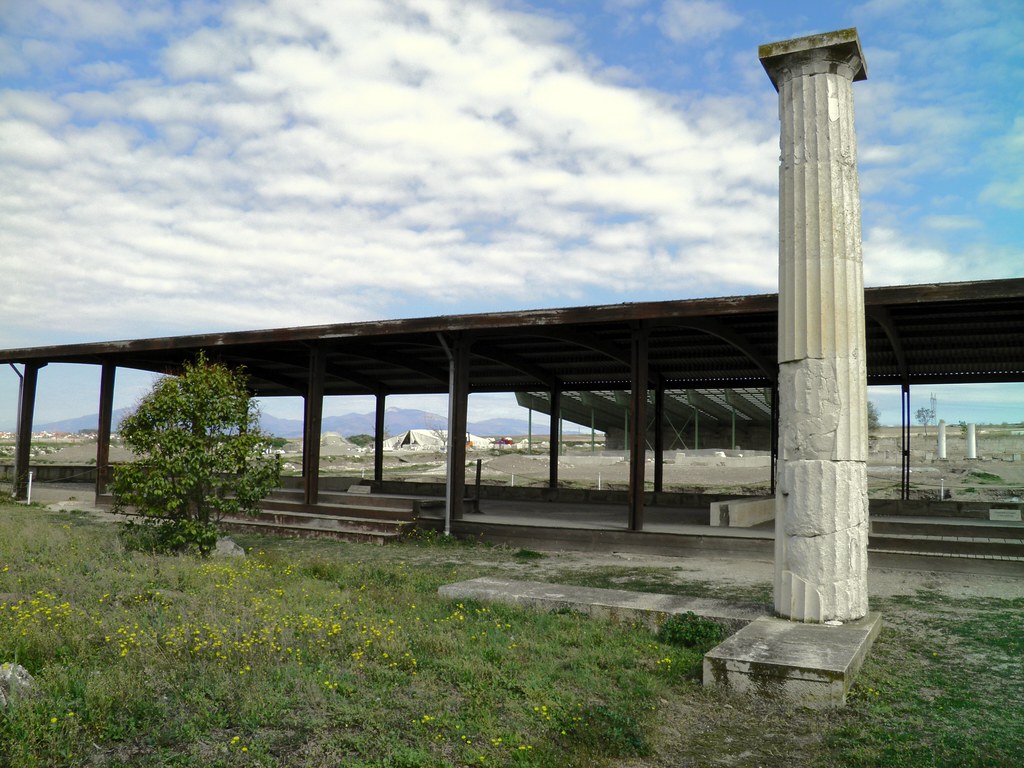 The House of the Abduction of Helen with its complete Doric column remains from the portico and colonnade, Ancient Pella