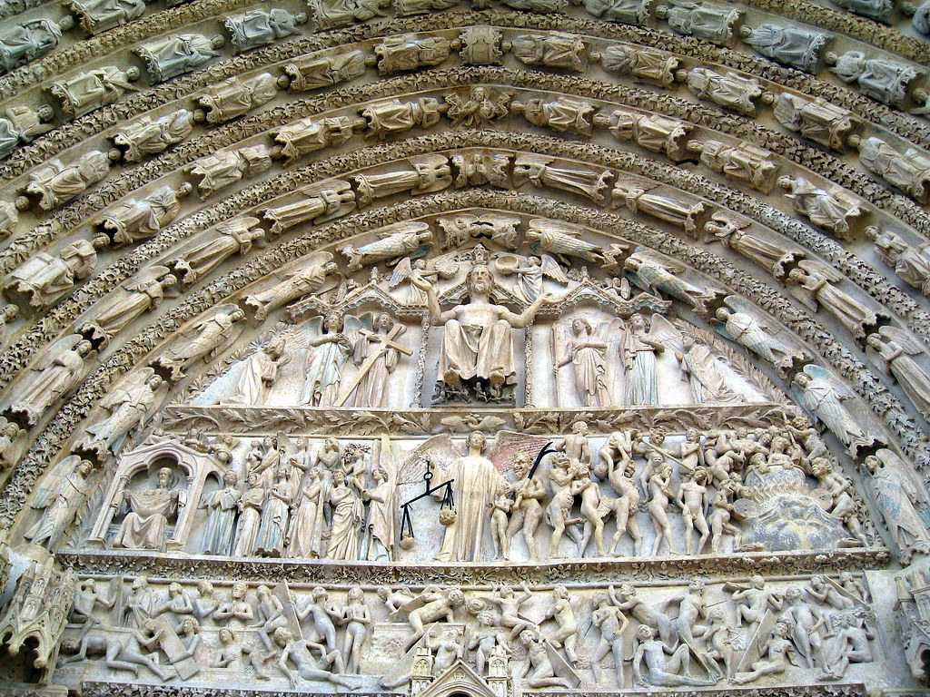 The west front's central door tympanum (13th C.), depicting the Last Judgment, Bourges Cathedral, Bourges, Cher, France