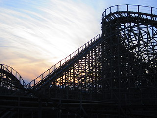 Hershey park, PA.. The Wildcat roller coaster at sunset