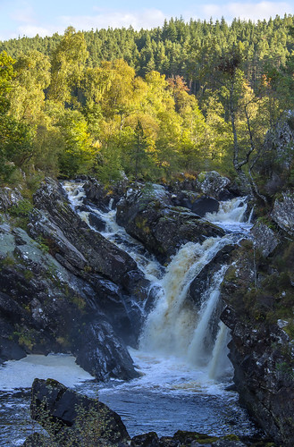 rogie falls series waterfalls black water river rossshire highlands scotland village contin a835 popular tourist attraction several forest walks footbridge support maximum five persons narrow sharp set steps end limited ability footpaths well kept wheelchair accessible stretch photography bridge possible high degree wobble kev gregory can 7d scottish holiday tour ravine