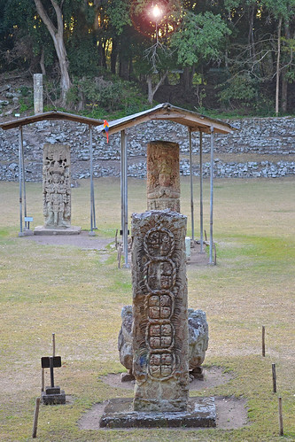 Stelas "F", "C" and "B" Spring equinox Copan by Adalberto.H.Vega, In Copan Archeological Park there is a Ceremonial Court just north of the Temple 4 and the Main Plaz