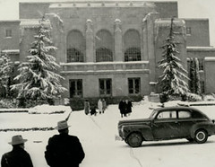 Waco Hall in the snow, undated