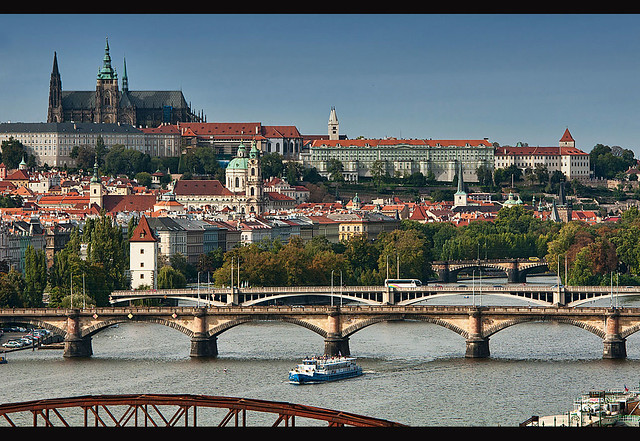 Prague Castle rises above the city and Vitava River, Prague, Czech Republic