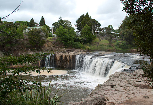 trees houses newzealand building water river waterfall rocks northisland bayofislands flax harurufalls
