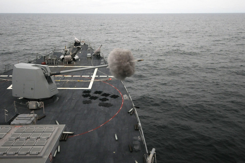 A high explosive control variable time round is fired from the MK 45 Mod 4 gun aboard USS Forrest Sherman.