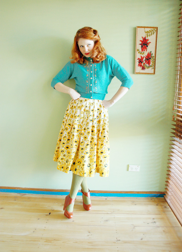 vintage blue cardigan yellow skirt a | night.owl | Flickr
