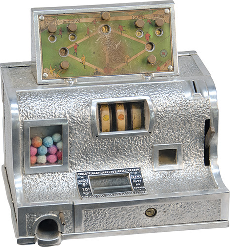 698 Coin-Op Fields MFG. Co. "Baby Jack-Pot Skill Vender" Baseball 3-Reel Trade Stimulator c1929, gum vendor.  Nickel plated metal case w/ baseball score keeping playfield marquee, not working, otherwise in great original condition, rare - 13"w x 9"d x 12" | by victoriancasinoantiques