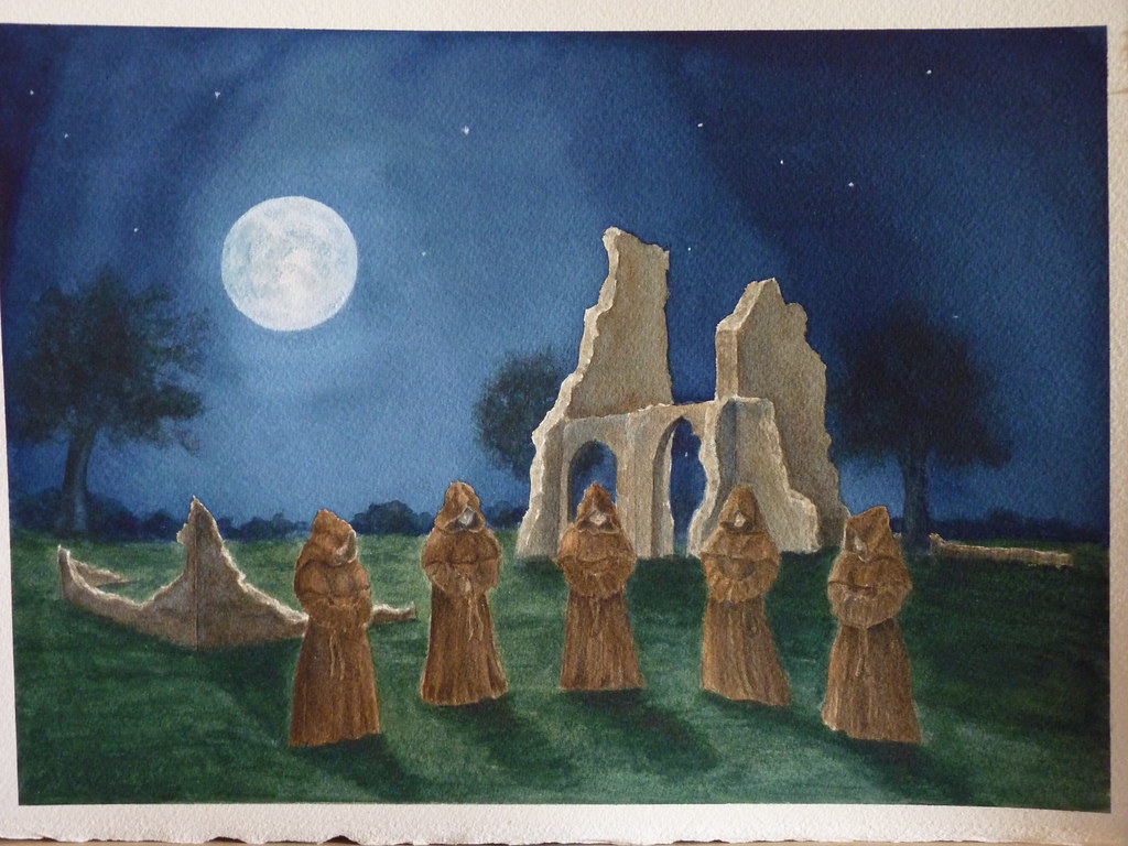 Monks in Moonlight at ruined abbey