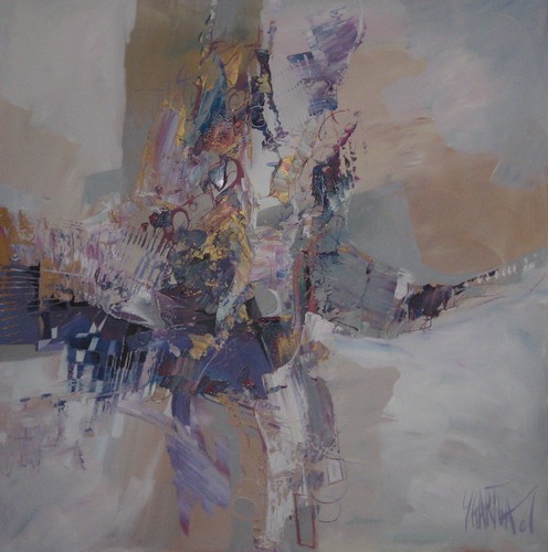 Soft blue and violet forms on pale ochre