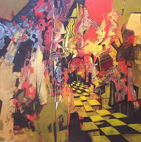 Colourful tall forms above a yellow chessboard