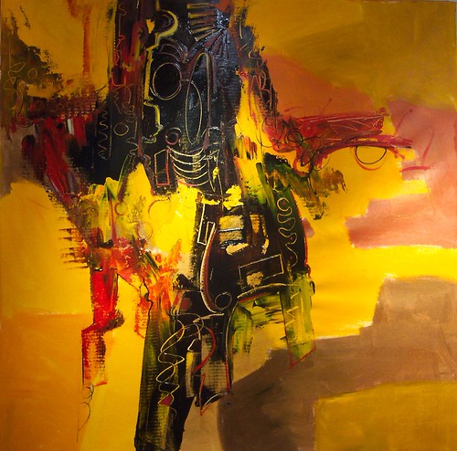 Dark angular forms against golden yellow