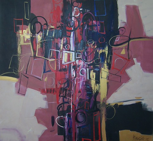 Tall dark vertical forms against muted pink