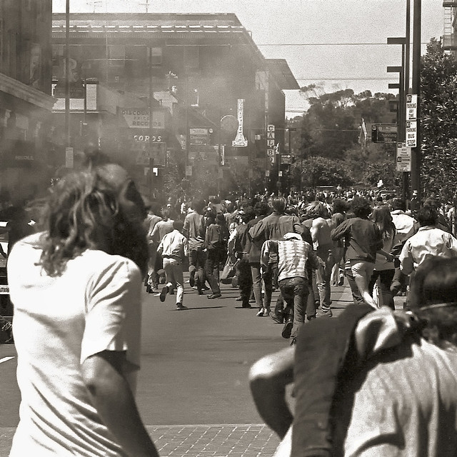 Demonstrators running from Police - Berkeley late 1960s