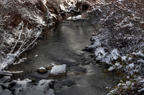 winter white snow water creek dark flow stream logs silence distance hdr soothing snowcovered thickets