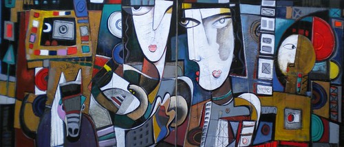 Wide geometric composition of faces and figures