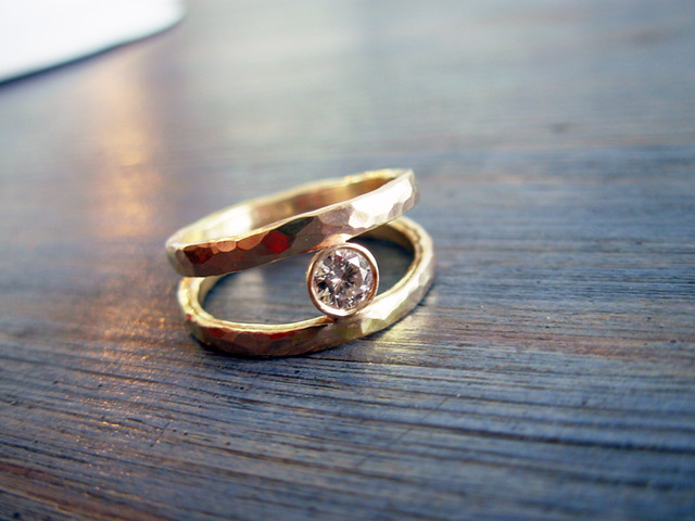Double Hammered Gold and Diamond Engagement Ring