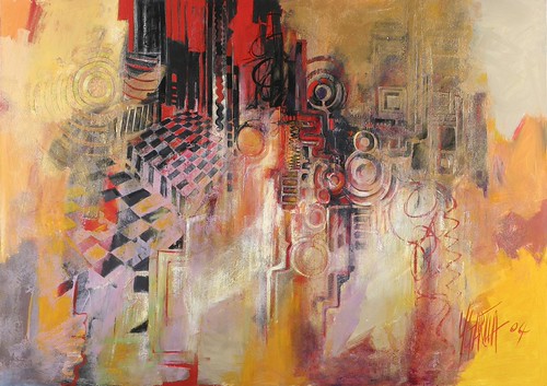 Looping dark marks with red and yellow strokes