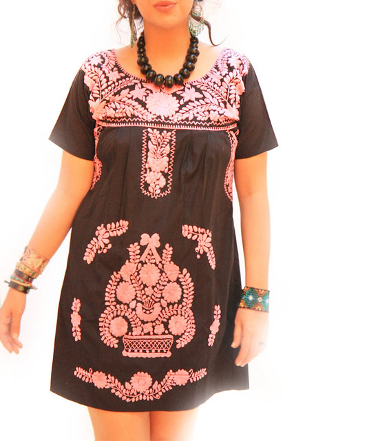 Mexican vintage hand embroidered black mini dress