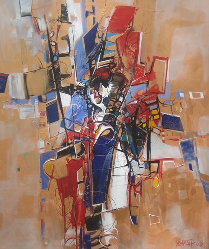 Central geometric forms in red and blue on ochre