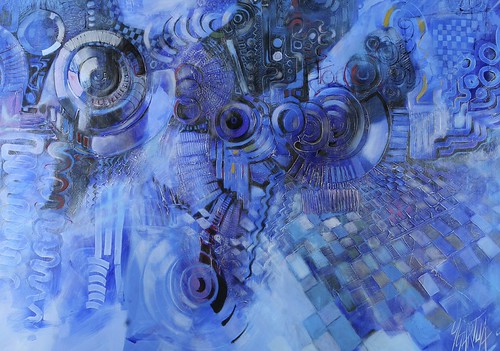 Blue circular and spiral outlines with chequered patches