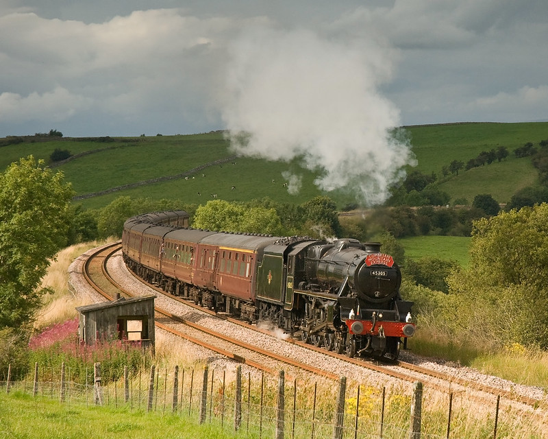 27th August 2011..The immaculate Black Five 45305 steams through a rare patch of sunlight with the southbound Cumbrian Mountain Express. Seen near the start of the testing ascent to Aisgill on the Settle to Carlisle railway.