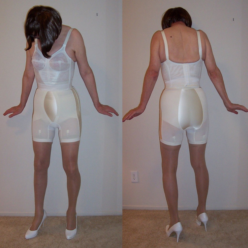 Side zip, front/rear/side satin panel long leg panty girdle. 
