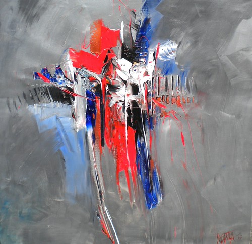 Vertical red and blue strokes on grey
