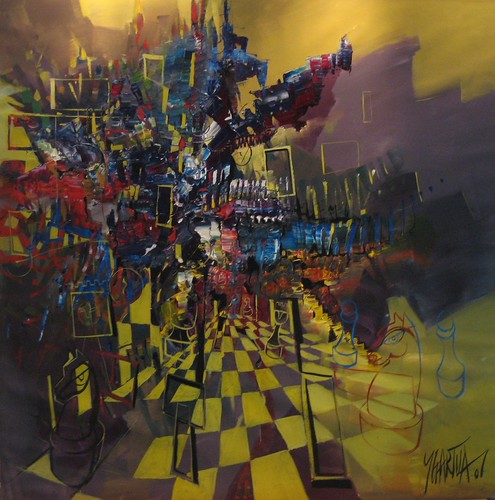 Crowded dark forms above a yellow chequered board