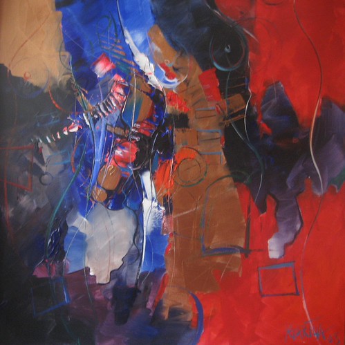 Broad red and blue patches with dark central forms