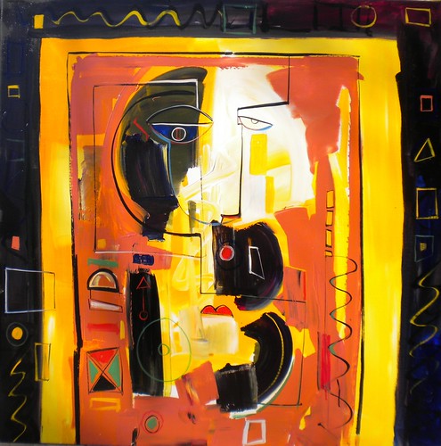 Black outlined forms within a yellow-orange border