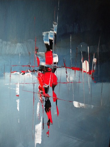 Small red and white vertical cluster on dark blue