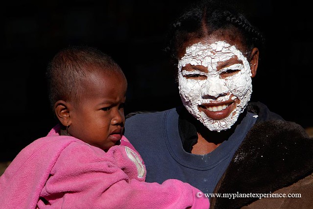 Bara woman with white mask and her son - Madagascar