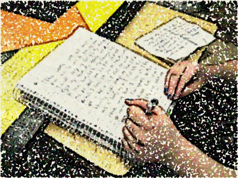 picture made to look like a spotty painting of a person writing left-handed in a notebook next to a piece of paper 
