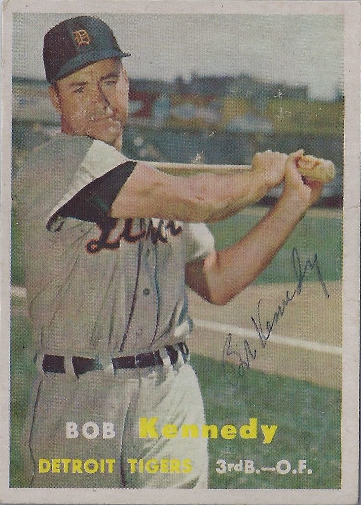 1957 Topps - Bob Kennedy #149 (Third Baseman / Outfielder) (b: 18 Aug 1920 - d: 7 Apr 2005 at age 84) - Autographed Baseball Card (Detroit Tigers)
