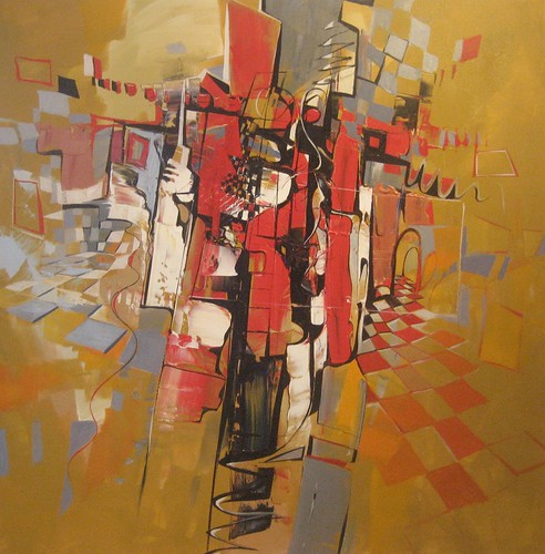 Red and black vertical blocks on warm ochre