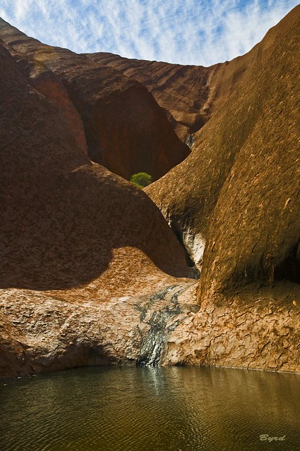 The water trickling down the gouged rock face of Uluru collects into pools at the cliff bottom.