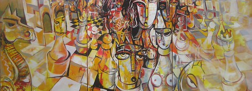 Rows of chess-like figures on a pale chequered board