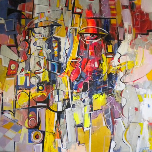 Two long outlined faces among colourful small blocks