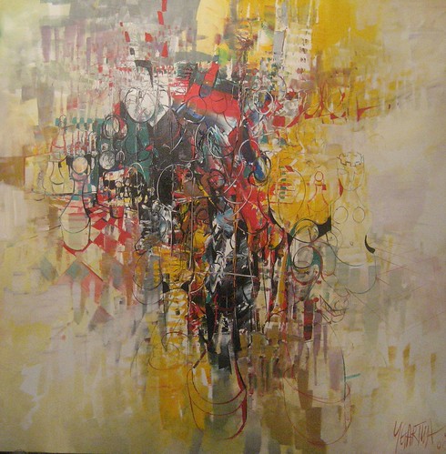 Fine outlined figures and forms over pale yellow
