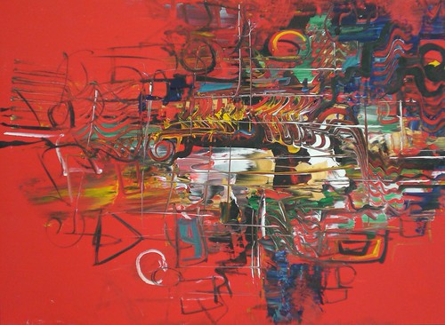 Fine multicoloured lines across vivid red