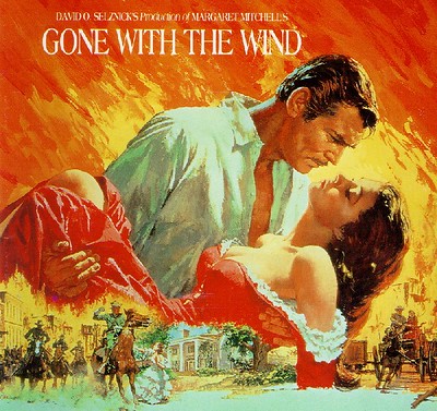 Gone With The Wind Poster. It depicts a man holding a woman in the background while a war ravages the foreground.