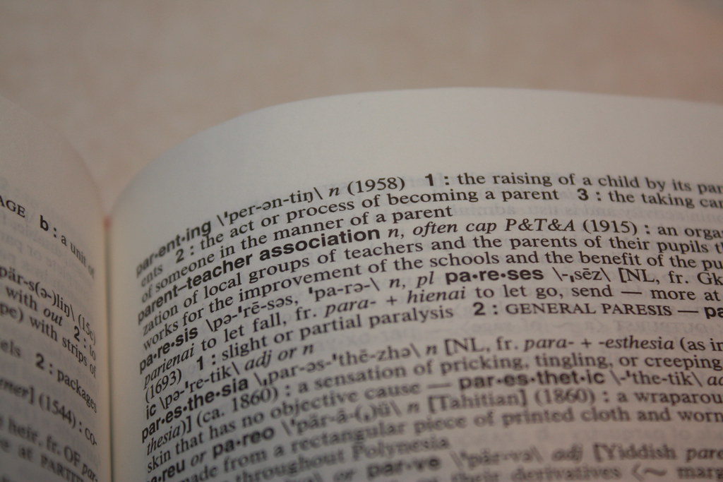 Gros plan d'un dictionnaire imprimé avec la définition de parentalité.