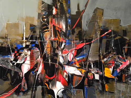 Black outlines and red forms over horizontal blocks
