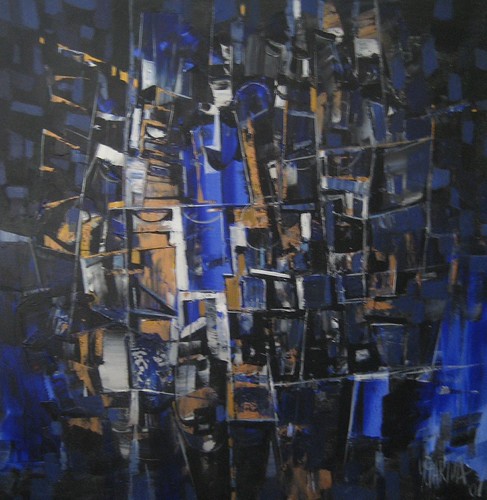 Dark blue geometric blocks with pale highlights