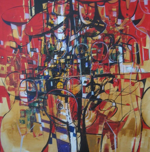 Dense figurative outlines among bright small blocks